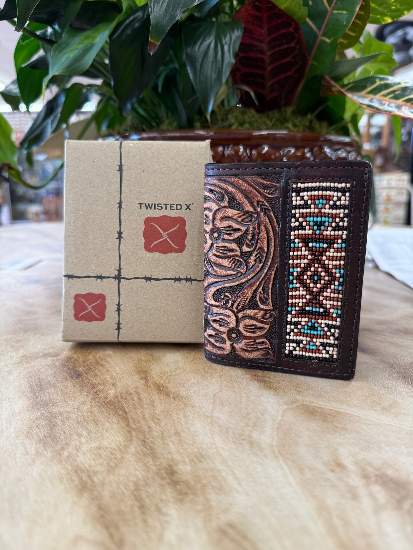 Twisted X Tri Fold Wallet W/Floral Carving TT Finish & Aztec Beads Inlay