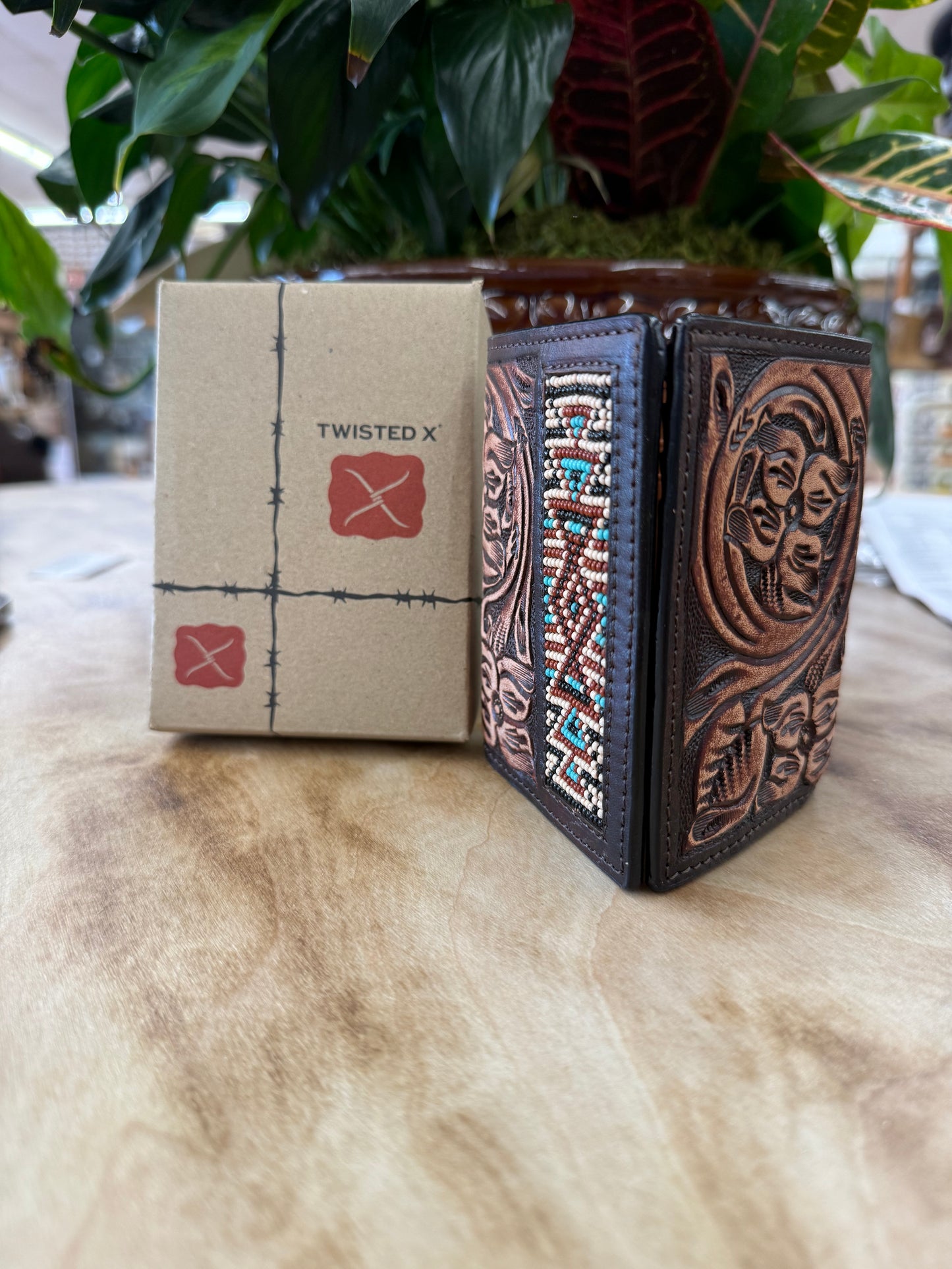 Twisted X Tri Fold Wallet W/Floral Carving TT Finish & Aztec Beads Inlay
