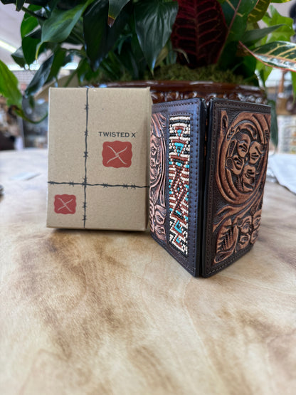 Twisted X Tri Fold Wallet W/Floral Carving TT Finish & Aztec Beads Inlay