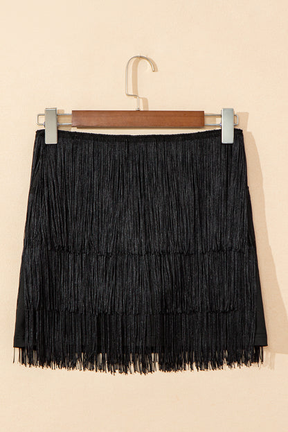 Dear Lover Black Tiered Fringe Trimmed Mini Skirt