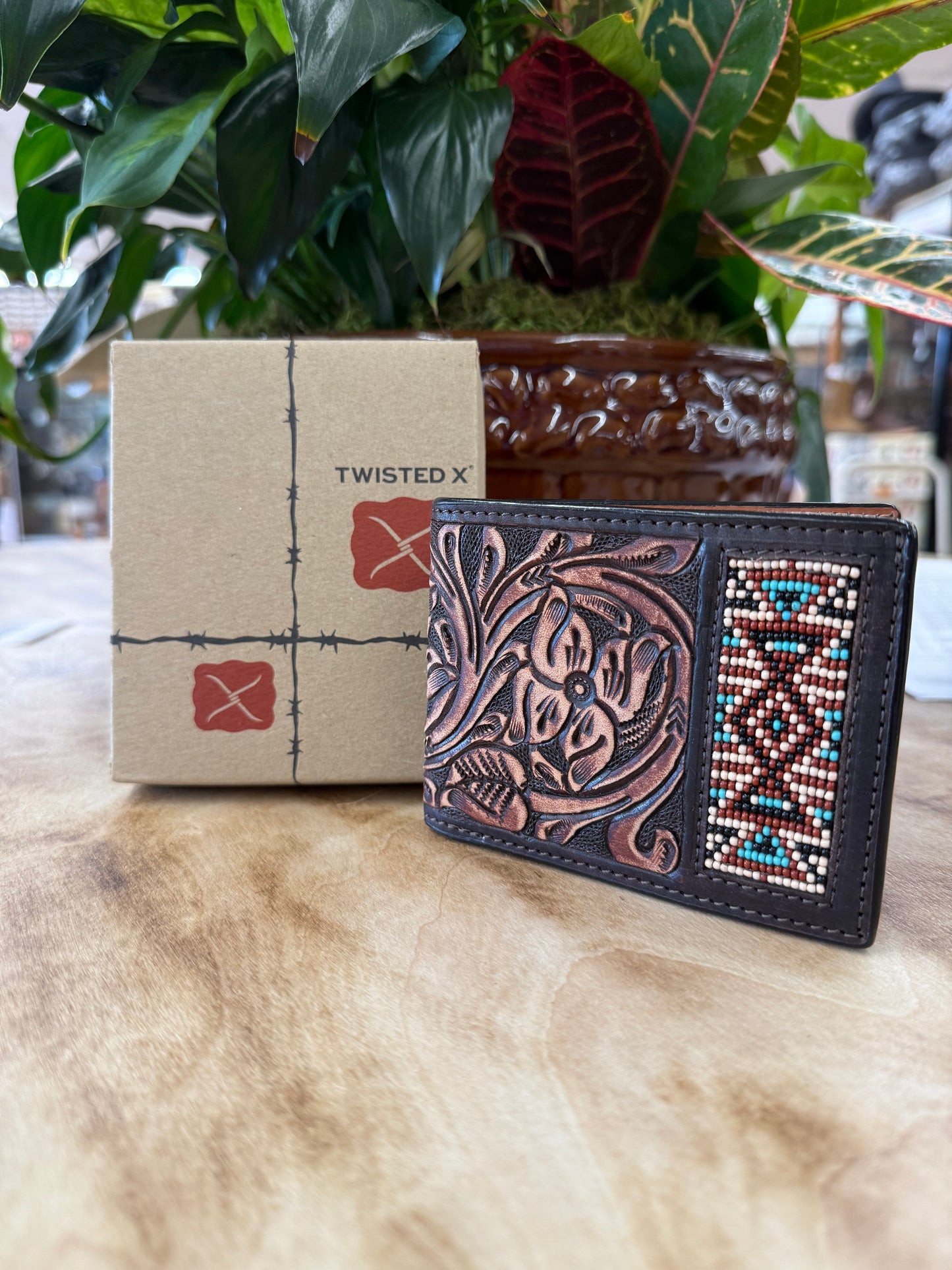 Twisted X Bi Fold Wallet W/Floral Carving TT Finish & Aztec Beads Inlay