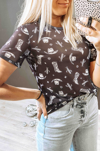 Dear lover Black Western Pattern Mesh Sheer Crew Neck T Shirt