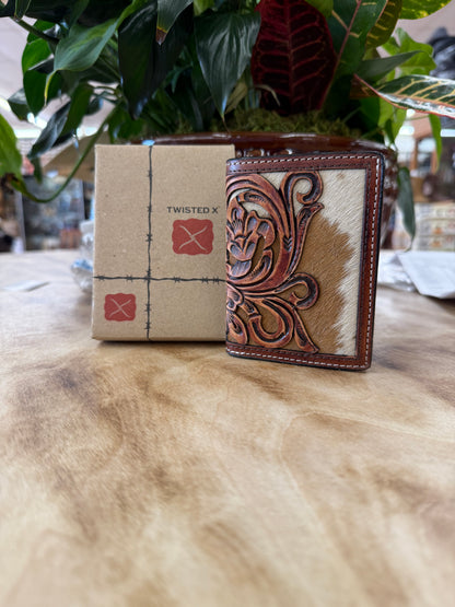 Twisted X Tri Fold Wallet W/Carving Filigree Cut Hair On Inlay & TT Finish