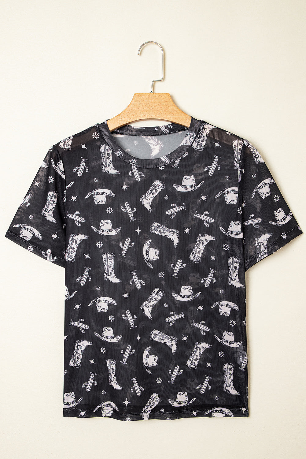 Dear lover Black Western Pattern Mesh Sheer Crew Neck T Shirt