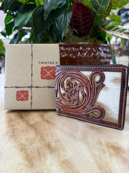 Twisted X Bi Fold Wallet W/Carving Filigree Cut Hair On Inlay & TT Finish