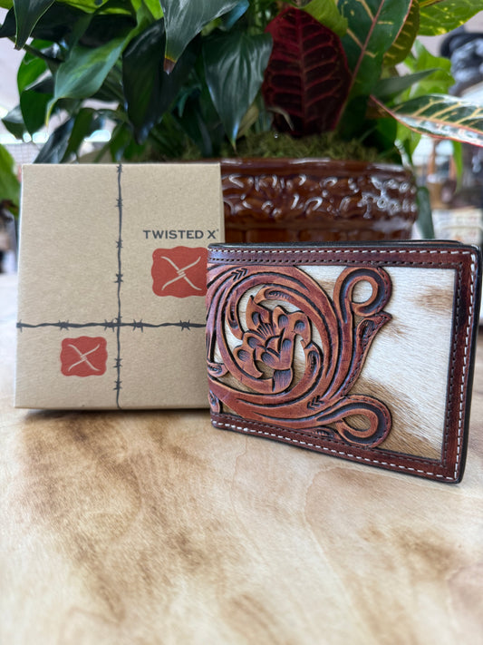 Twisted X Bi Fold Wallet W/Carving Filigree Cut Hair On Inlay & TT Finish