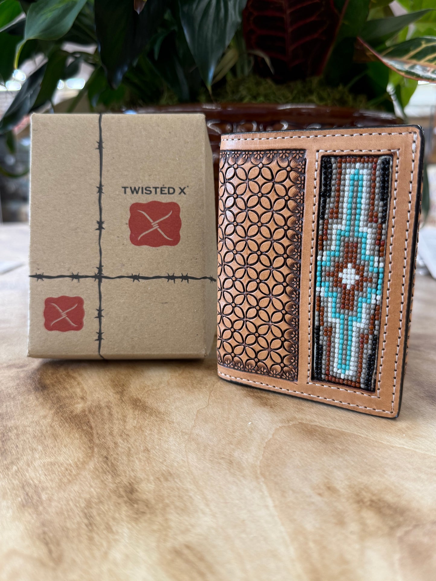 Twisted X Tri Fold Wallet W/Tooling TT Finish & Aztec Beads Inlay
