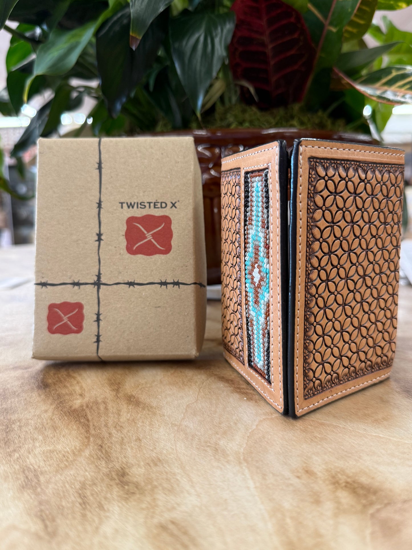 Twisted X Tri Fold Wallet W/Tooling TT Finish & Aztec Beads Inlay