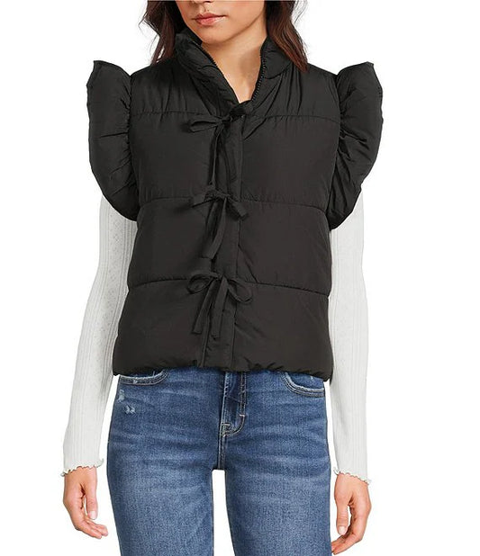 Blu Pepper Flutter Sleeve Bow Detail Zip-Up Puffer Vest Black CR2685