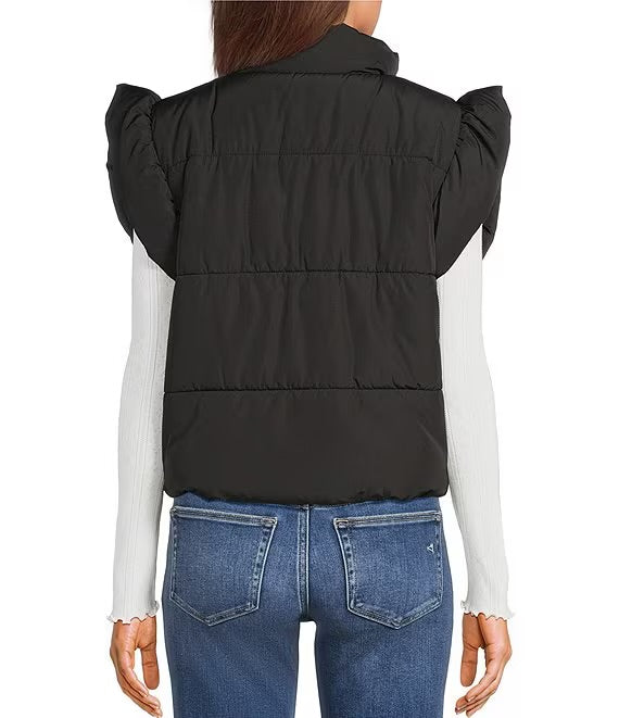Blu Pepper Flutter Sleeve Bow Detail Zip-Up Puffer Vest Black CR2685