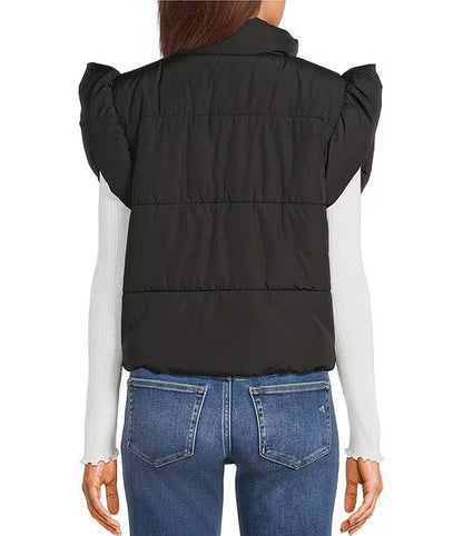 Blu Pepper Flutter Sleeve Bow Detail Zip-Up Puffer Vest Black CR2685