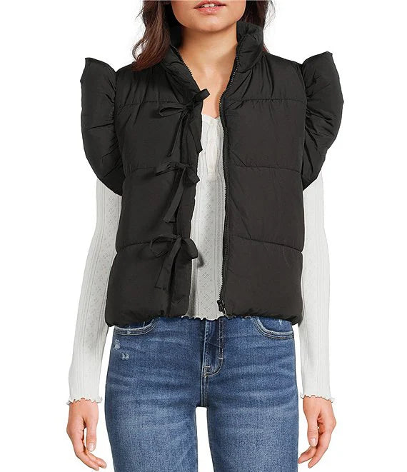 Blu Pepper Flutter Sleeve Bow Detail Zip-Up Puffer Vest Black CR2685