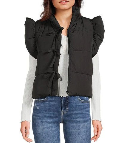 Blu Pepper Flutter Sleeve Bow Detail Zip-Up Puffer Vest Black CR2685