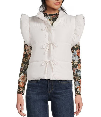 Blu Pepper Flutter Sleeve Bow Detail Zip-Up Puffer Vest Cream CR2685