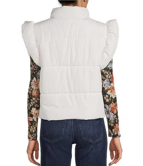 Blu Pepper Flutter Sleeve Bow Detail Zip-Up Puffer Vest Cream CR2685