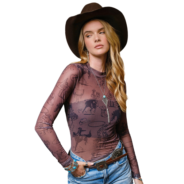 Blue B Collection Women's Vintage Cowgirl Print Mesh Mock Neck Top 36699T