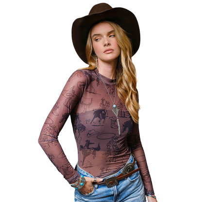 Blue B Collection Women's Vintage Cowgirl Print Mesh Mock Neck Top 36699T