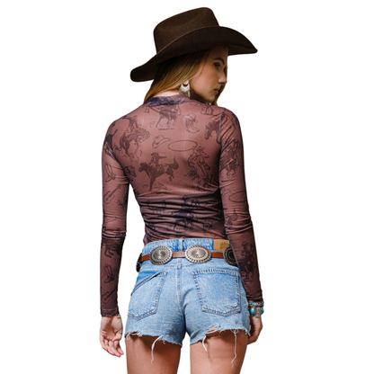 Blue B Collection Women's Vintage Cowgirl Print Mesh Mock Neck Top 36699T