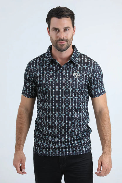 Platini Mens  Modern Fit Stretch Aztec Print Black Polo PGP11016