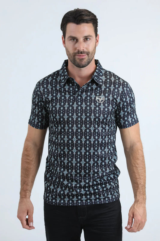 Platini Mens  Modern Fit Stretch Aztec Print Black Polo PGP11016