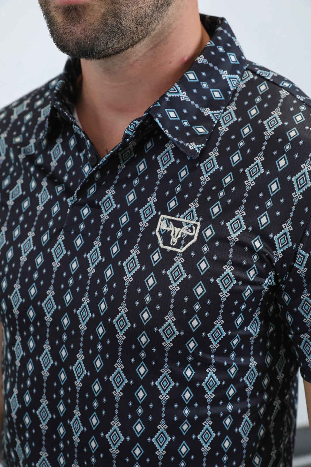 Platini Mens  Modern Fit Stretch Aztec Print Black Polo PGP11016