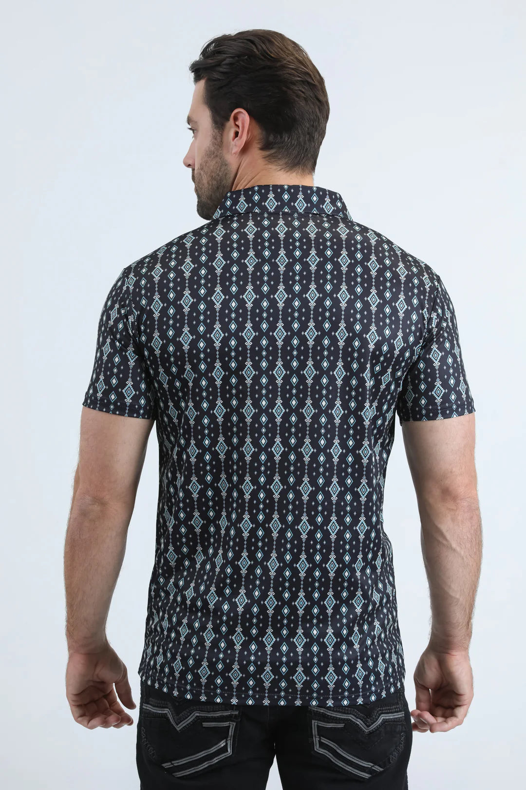Platini Mens  Modern Fit Stretch Aztec Print Black Polo PGP11016