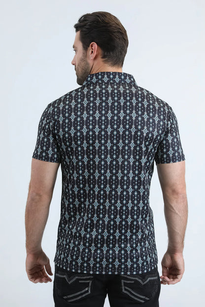 Platini Mens  Modern Fit Stretch Aztec Print Black Polo PGP11016