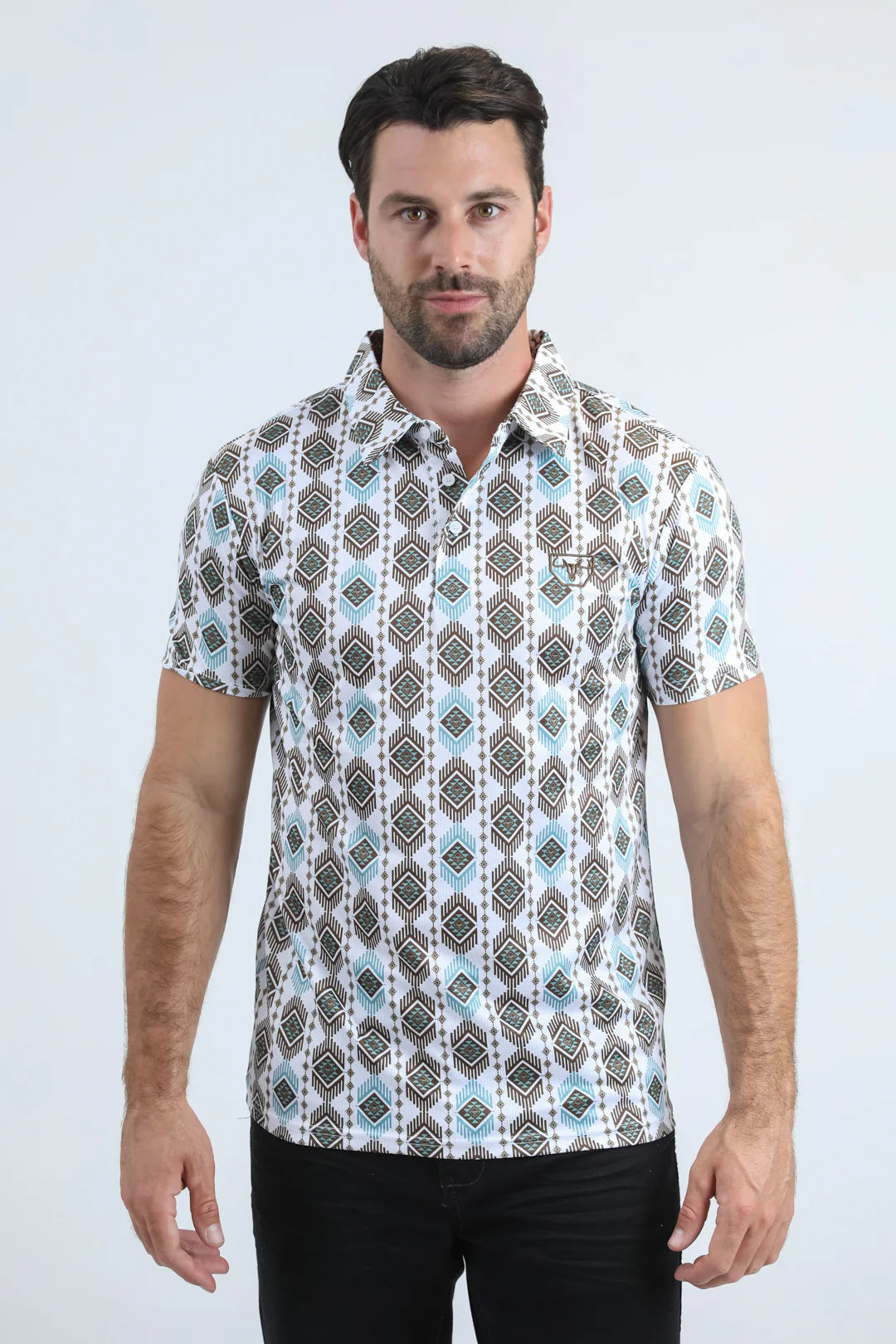 Platini Mens Modern Fit Stretch Aztec Print White Polo PGP11003