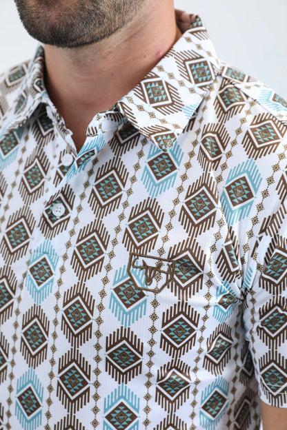 Platini Mens Modern Fit Stretch Aztec Print White Polo PGP11003