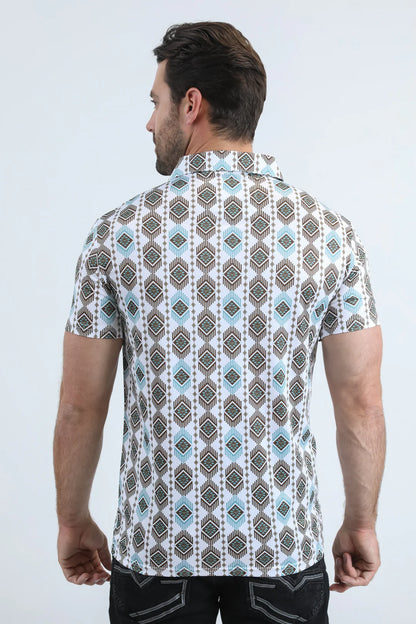 Platini Mens Modern Fit Stretch Aztec Print White Polo PGP11003