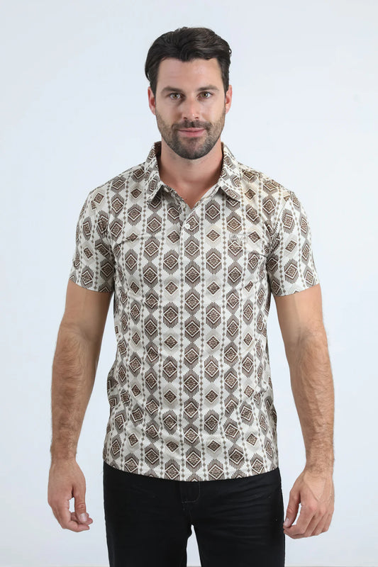 Platini Men’s Modern Fit Stretch Aztec Print Beige Polo PGP11005