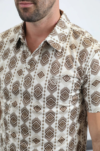 Platini Men’s Modern Fit Stretch Aztec Print Beige Polo PGP11005