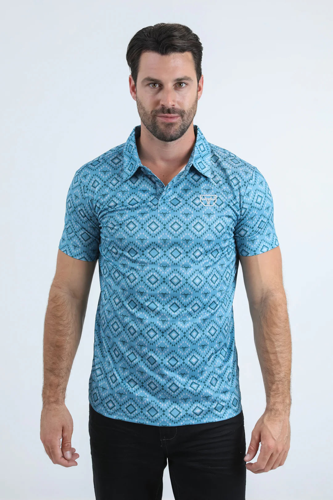 Platini Mens Modern Fit Stretch Aztec Print Blue Polo PGP11025