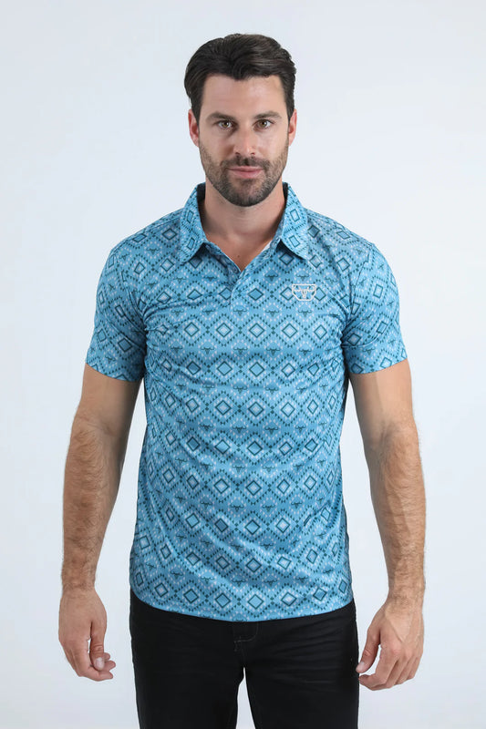 Platini Mens Modern Fit Stretch Aztec Print Blue Polo PGP11025