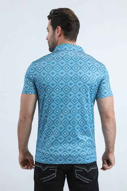 Platini Mens Modern Fit Stretch Aztec Print Blue Polo PGP11025