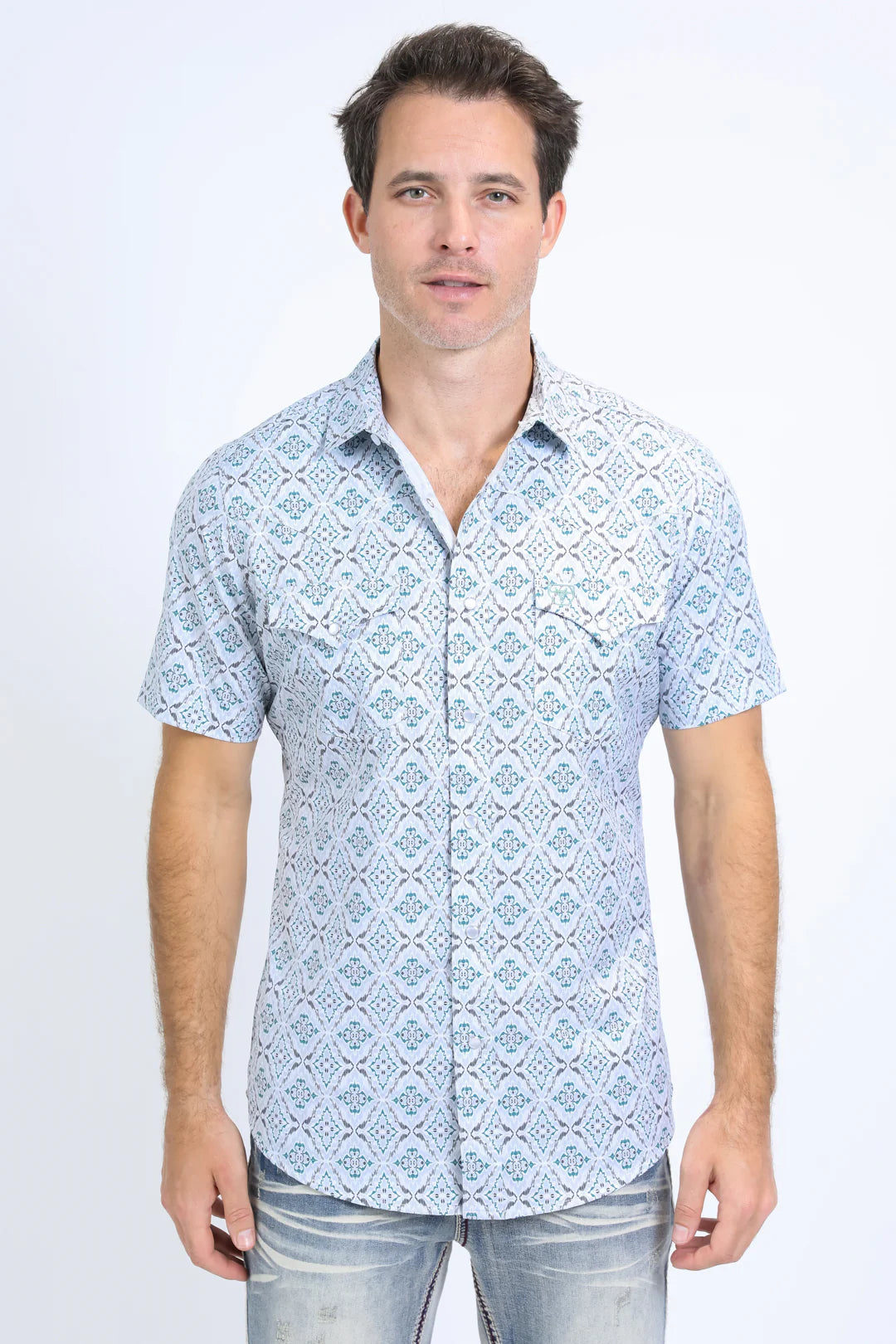 Platini Mens Performance Western SS Aztec Print White Shirt PGW10637