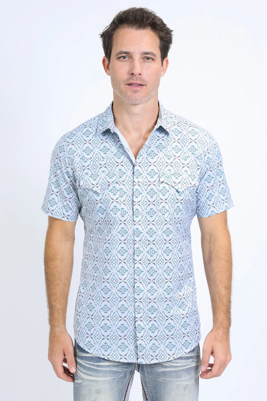 Platini Mens Performance Western SS Aztec Print White Shirt PGW10637
