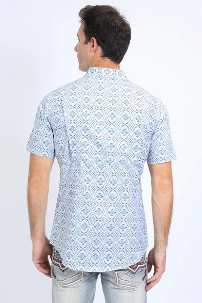 Platini Mens Performance Western SS Aztec Print White Shirt PGW10637