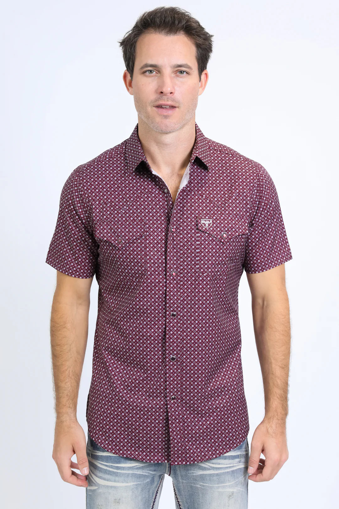 Platini Mens Performance Western SS Aztec Print Burgundy Shirt PGW10641
