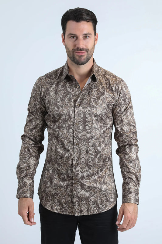 Platini Mens Modern Fit Stretch Foil Fashion Beige Shirt FPL10961