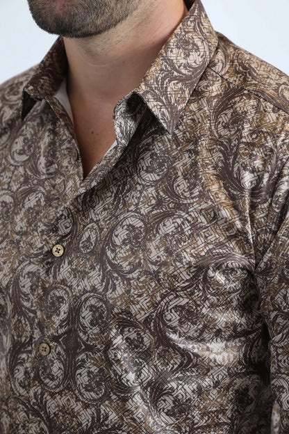 Platini Mens Modern Fit Stretch Foil Fashion Beige Shirt FPL10961