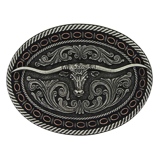 Montana  Two Tone Antiqued Round Barbed Longhorn Attitude Buckle A742