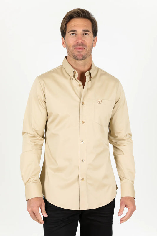 Platini Men’s Single Pocket Logo Modern Fit Stretch Dress Shirt Beige