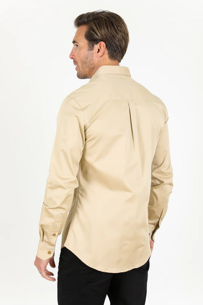 Platini Men’s Single Pocket Logo Modern Fit Stretch Dress Shirt Beige