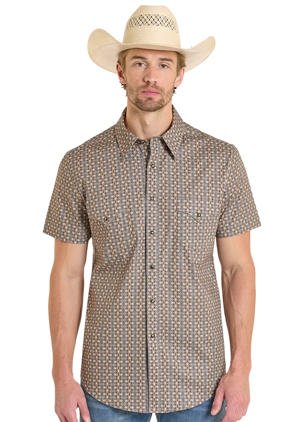 Rock&Roll Shirt Men’s RR Geo Print Snap SS Dark Brown BMN3S08307