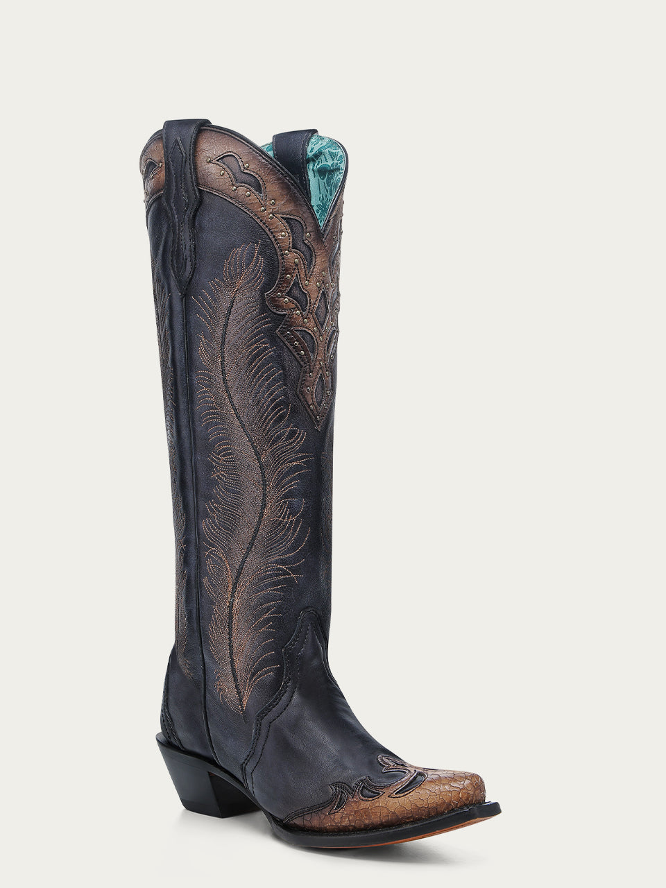 Corral Women’s Feather Embroidery W/ Crackled Overlay Black