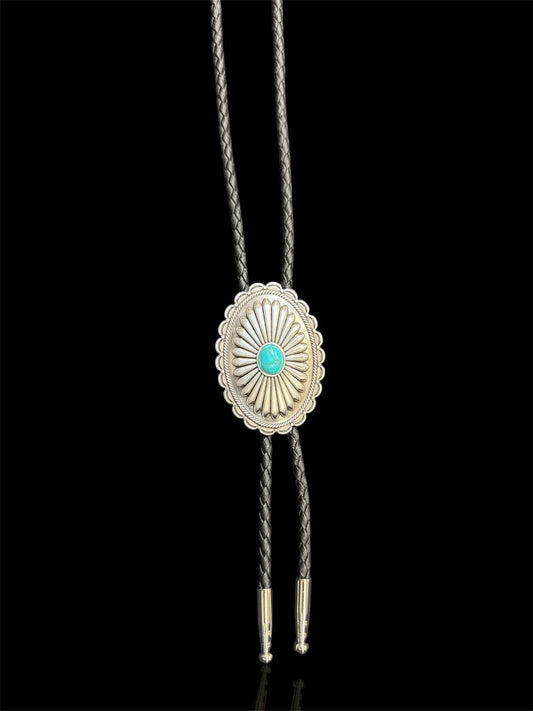 Double S Oval Flower Concho Slide with Turquoise Black Leather Bolo Tie 22107