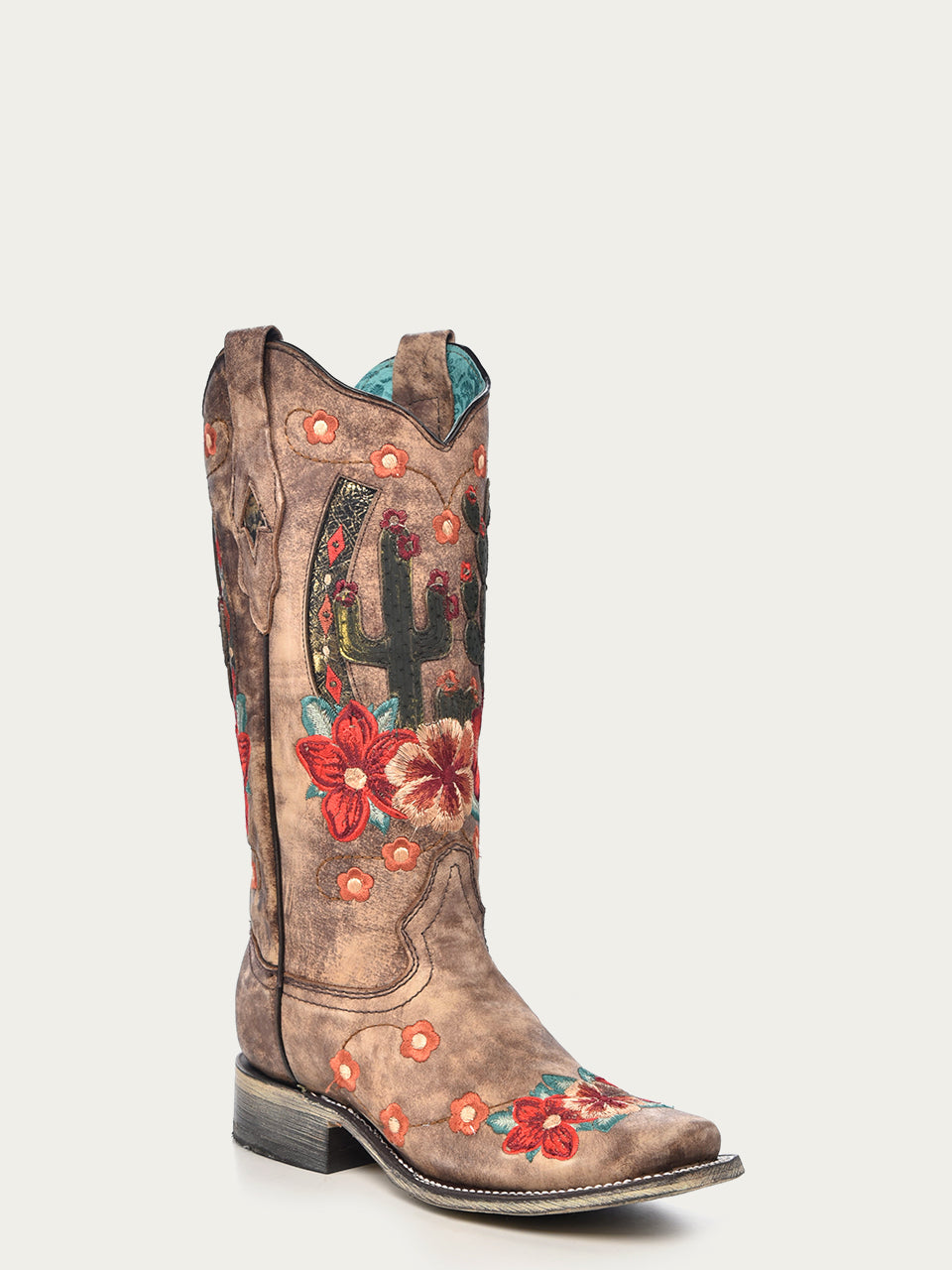 Corral Women’s Floral Cactus Horseshoe Embroidery Taupe Square Toe