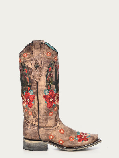 Corral Women’s Floral Cactus Horseshoe Embroidery Taupe Square Toe