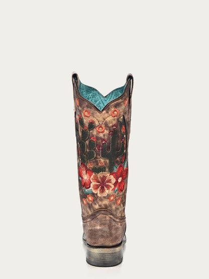 Corral Women’s Floral Cactus Horseshoe Embroidery Taupe Square Toe